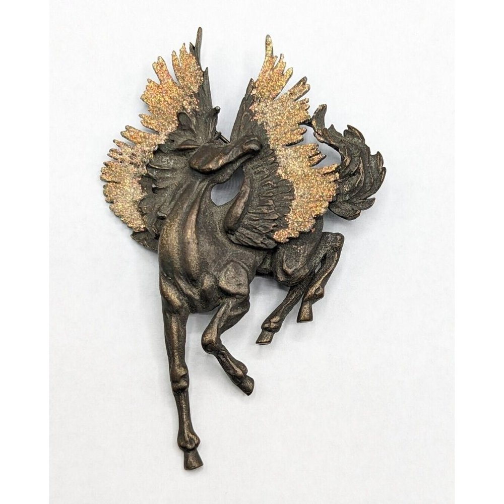 Vintage Signed JJ Pegasus Brass Tone w Gold Glitter Wings Fantasy Brooch Pin